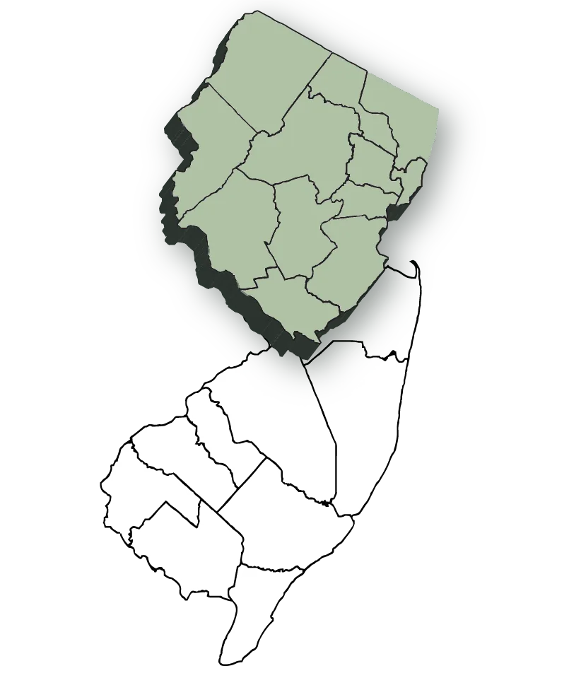 Map of New Jersey with the twelve counties Marrone Pest Management serves tinted sage