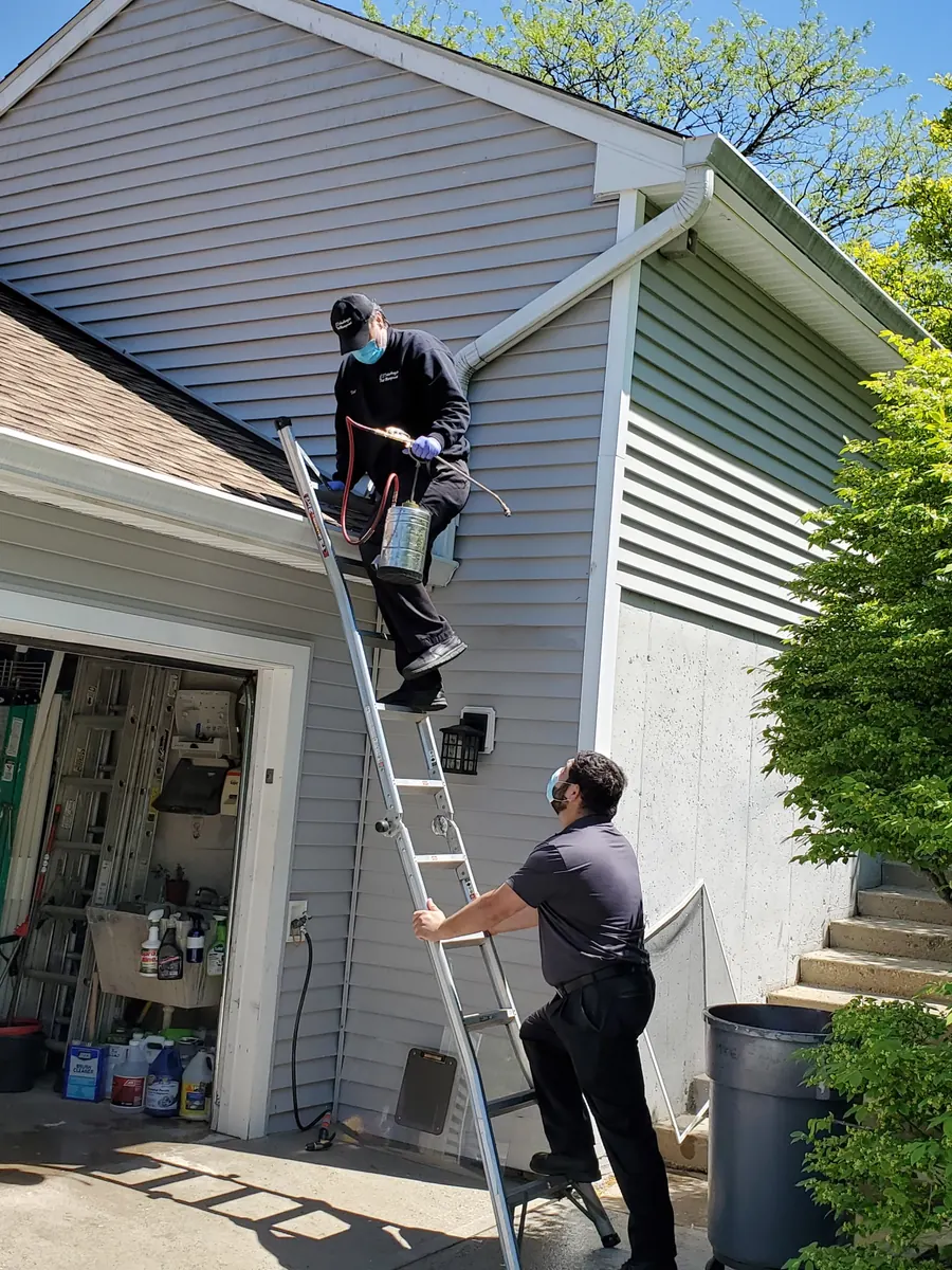 Two Marrone technicians working from a ladder at the eave of a house